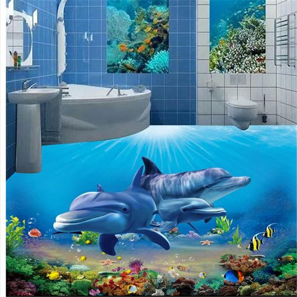 

custom 3d floor pvc self-adhesive wallpaper 3d landscape wallpaper 3d underwater world bathroom floor mural