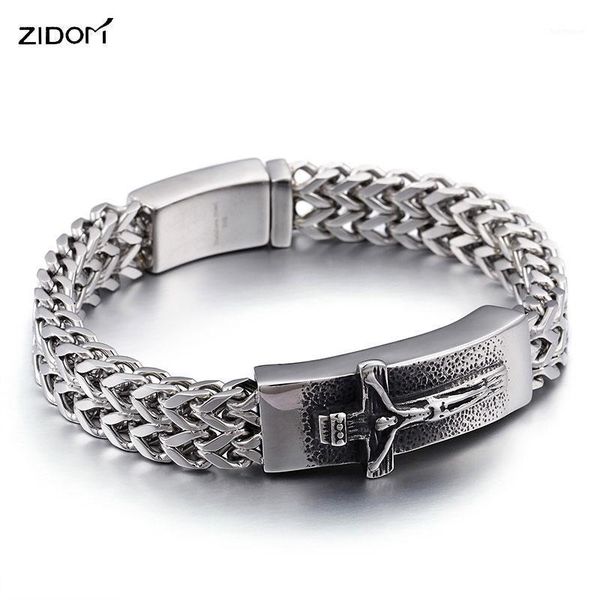 

stainless steel silver color vintage style jesus cross men bracelets fashion 22cm long link chain bracelet men jewelry gifts1, Black