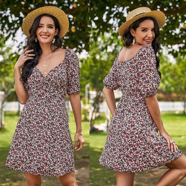 

wp0td 2020 dress skirtchiffon skirt skirtcasual cuhav sleeve long dress summer new short floral bandage slim chiffon skirt v-neck, Black;gray