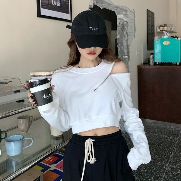 

hoodies women autumn 2020 crop sudadera leisure long sleeve oversize korean zipper off shoulder loose sweatshirts, Black