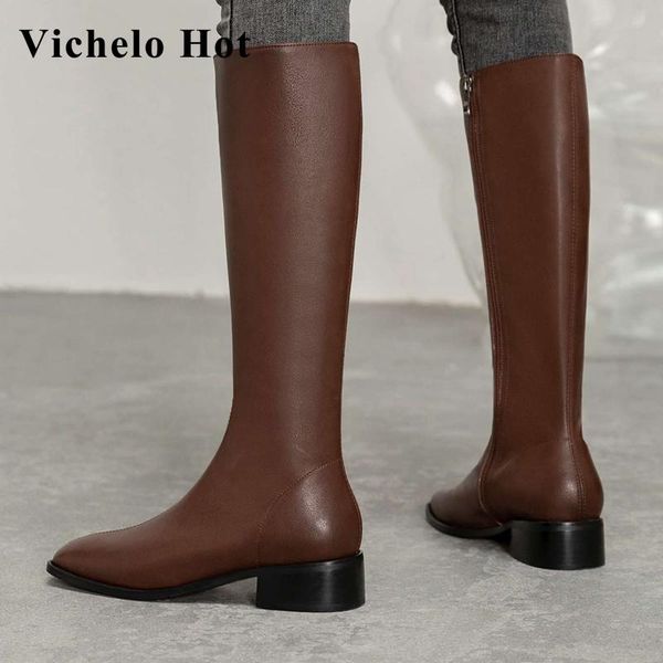 

vichelo split leather square toe med heel winter shoes simple style solid young lady streetwear elegant knee-high boots l34, Black