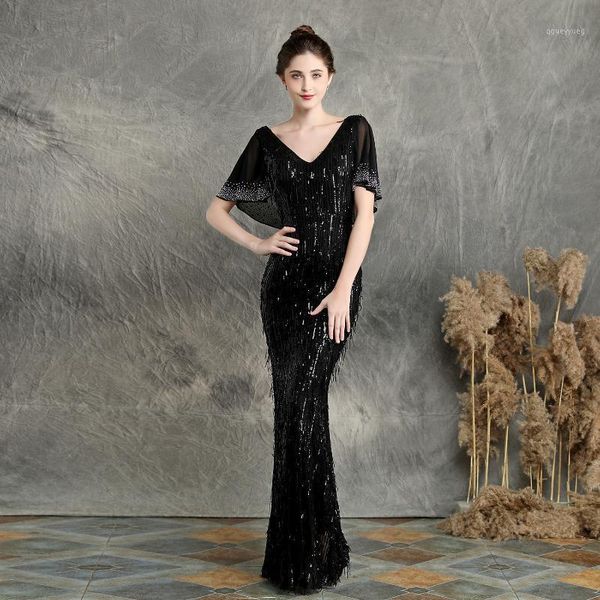

party dresses bgw pretty sequined tassel evening short sleeves v neck formal dress women elegant backless1, White;black