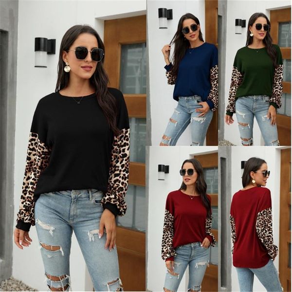 

2021 autumn and winter new products european and american women's lantern sleeve round neck leopard print stitching t-shirt, White