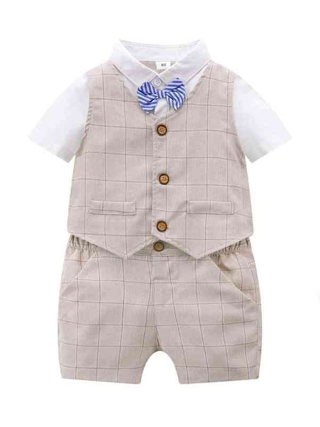 

baby patched pocket bow front bodysuit & grid print vest jacket & shorts she, White