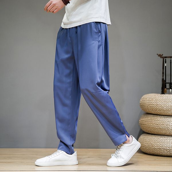 

2021 chinese style summer solid color thin ice casual loose and non iron small feet harem men's pants, Black