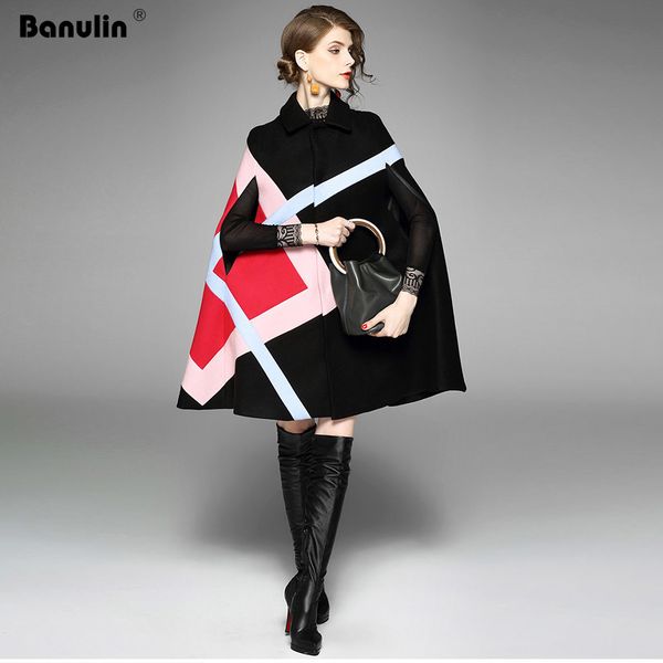 

new 2019 fashion women winter jacket geometric pattern batwing sleeve woolen warm cloak ponchos cape coat wool blends outerwearx1020, Black