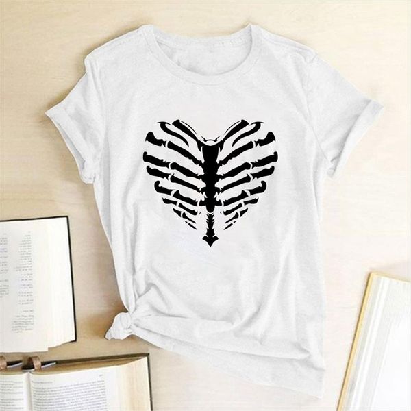 

skeleton bones printing funny skull skeleton t shirt women punk rock graphic summer short sleeve streetwear tees femme, White