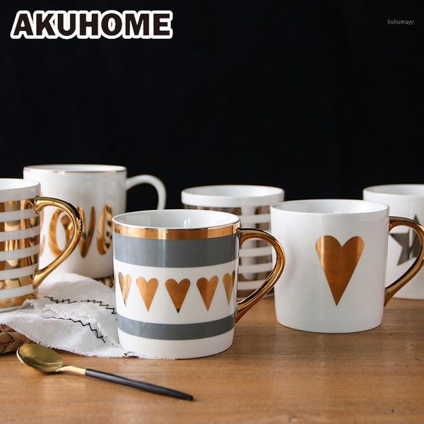 

golden ceramic mug porcelain coffee mug china bone milk cup love heart stripe1