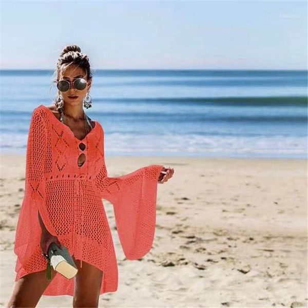 

2020 summer solid long sleeve bikini cover up sarong dress swimwear kaftan lace crochet beach wear1, White;black