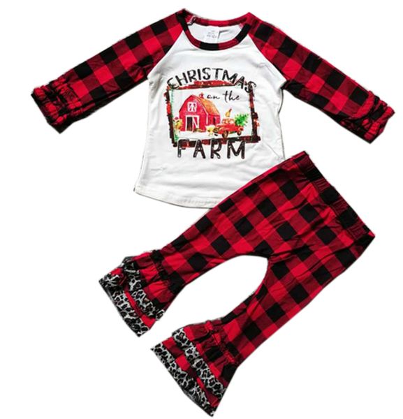 

kids clothing sets christmas plaid flared pants 2pcs sets ruffle long sleeve toddler clothes set xmas kids clothing 3 designs bt5914, White
