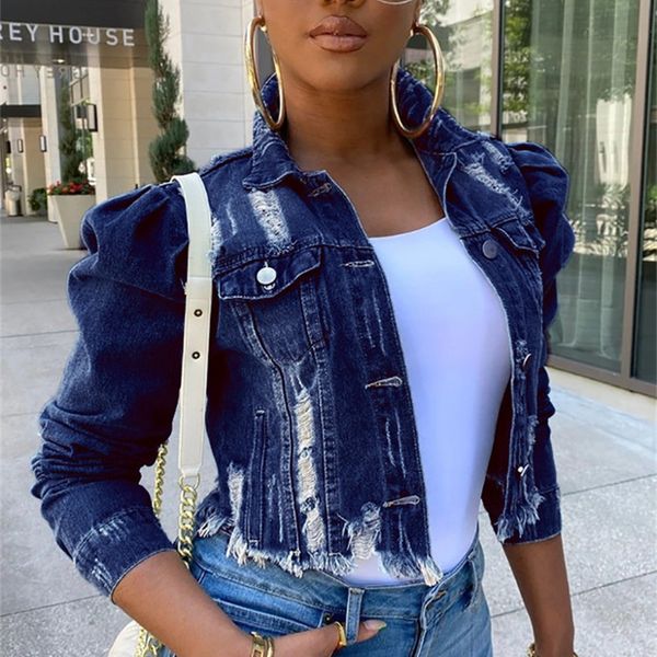 

s-5xl женщины джинсовый куртки streetwear hip hop vintage обрезанные short jean coat trend puff рукавом тонкий рваные джинсы куртка 3 цвета, Black;brown