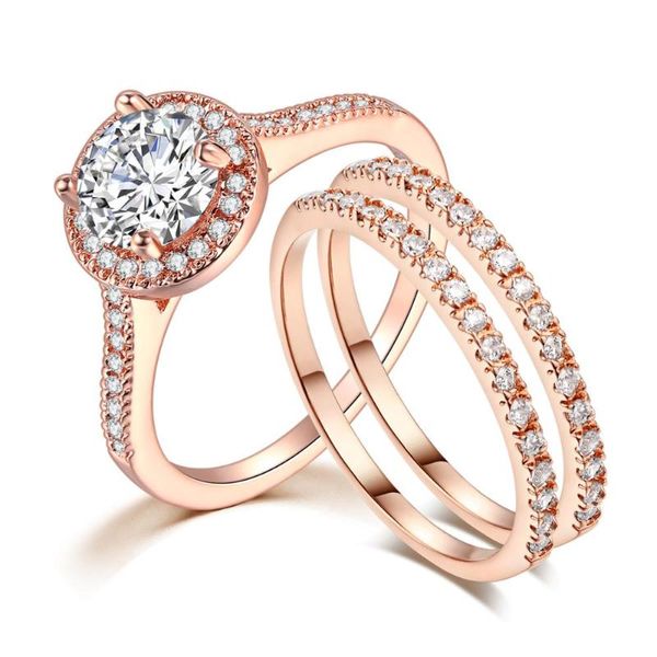 Nova moda requintado rosa cor de ouro três pcs anéis de dedo de cristal conjunto para mulheres cheias de zircão festa de casamento jóias anel 2020