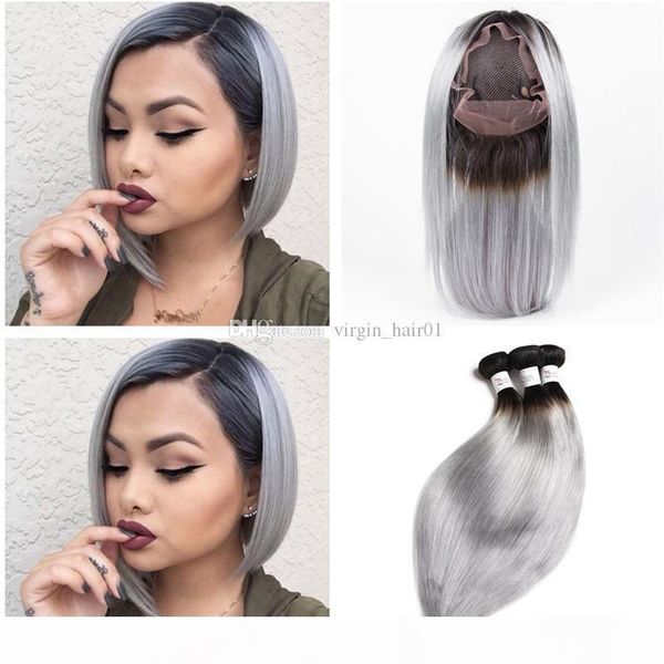 

1b grey hair bundles with 360 closure brazilian virgin human hair weaves ombre hair with pre plucked 360 lace frontal closure, Black;brown