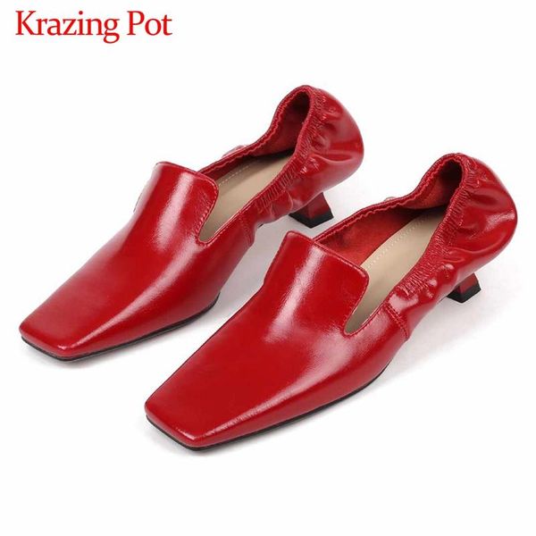 

krazing pot concise style solid genuine leather loafers shoes fashion square toe med heels slip on spring women cozy pumps l03, Black