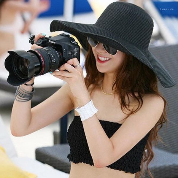 

wholesale- 2016 summer women's foldable wide large brim beach sun hat straw beach cap for ladies hats girls vacation tour hat1, Black;white