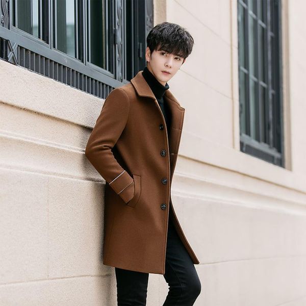 

2020 youth korean woolen coat men's mid-length woolen coat mid-length single-breasted men's, Black
