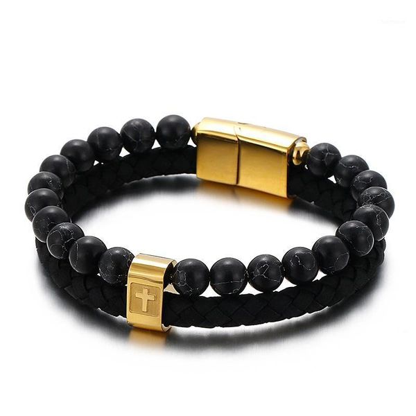 

classic trendy men's bracelet fashion beaded bracelet men's cross multilayer leather1, Black