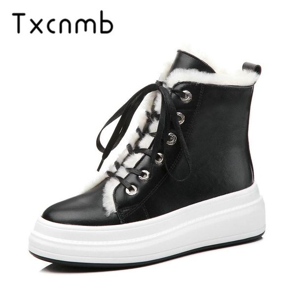 

txcnmb 2020 genuine leather women snow boots winter warm women ankle boots flat platform femal shoes black white