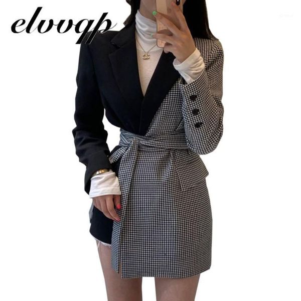 

autumn new stylish patchwork women plaid blazer spring long sleeve slim waist female irregular hem suit jacket with belt lu17911, White;black