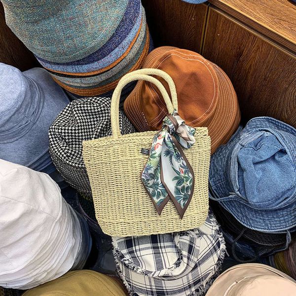 

travel new literature summer and art handmade women's hand silk towel straw bag weaving, Blue;gray