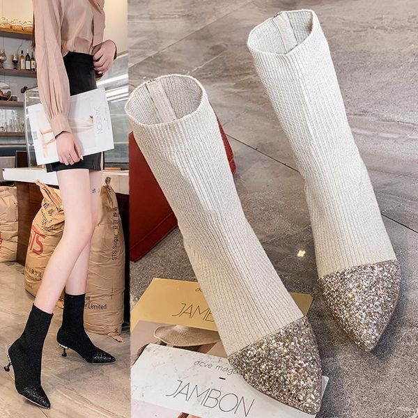 

белый mid-теленок сапоги пинетки женщина 2020 высокие каблуки обуви круглый toe зимней обуви роскошная низкая стилет ladies, Black