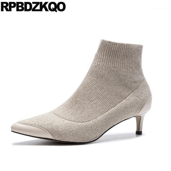 

casual comfortable shoes knit booties pointed toe 2020 sock gray slip on fall stiletto chunky women ankle boots medium heel1, Black