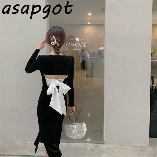 

french vintage backless square neck long sleeve black velvet dress woman autumn temperament waist slim split chic wild lj201202, Black;gray