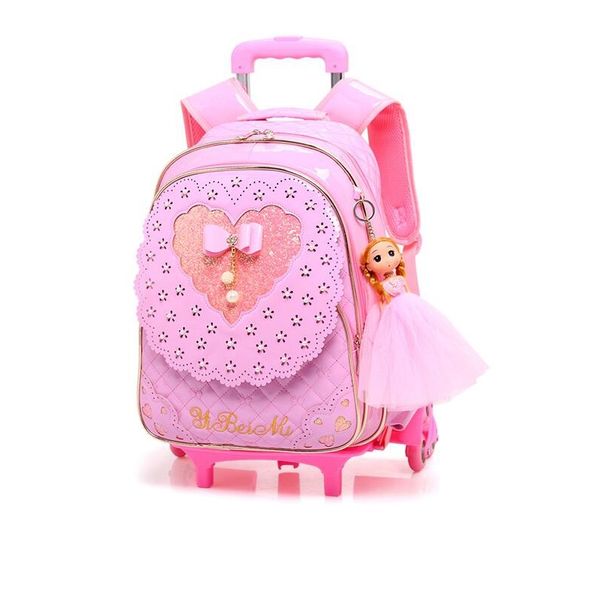 

5pcs sets children three wheel trolley bag girl princess backpack waterproof pu kid orthopedic school bags for teenager y200328