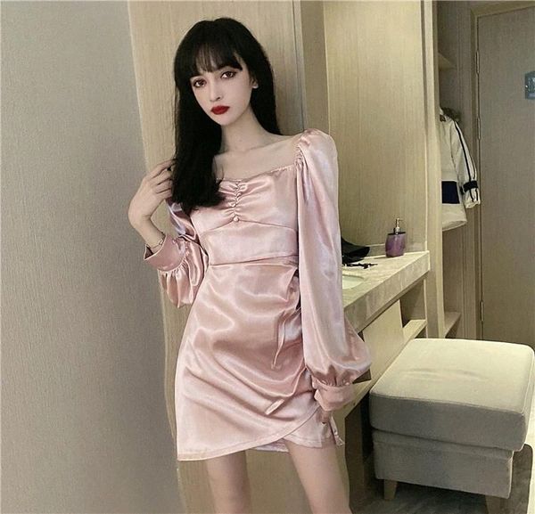 

jxmyy 2020fashion new product french retro palace temperament square neck waist puff sleeve long sleeve dress women #jp1l, Black;gray