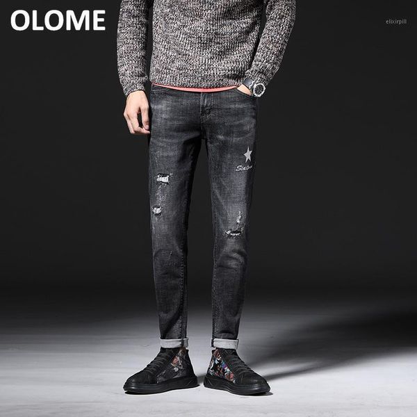 

olome autumn fashion jeans men korean version show skinny feet pants men embroidery patch holes jeans skinny1, Blue
