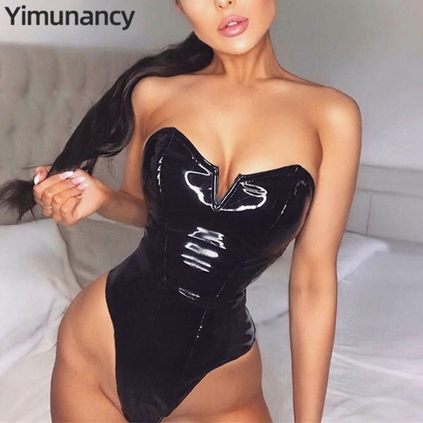 

yimunancy pu leather bodysuit women strapless v shape bodycon bodysuit ladies skinny black clubwear, Black;white