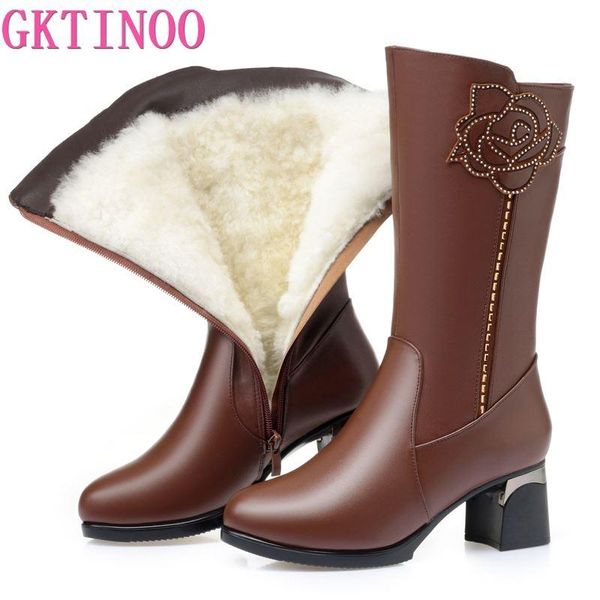 

gktinoo winter boots wool fur inside warm shoes women high heels genuine leather shoes handmade snow boots footwear botas, Black