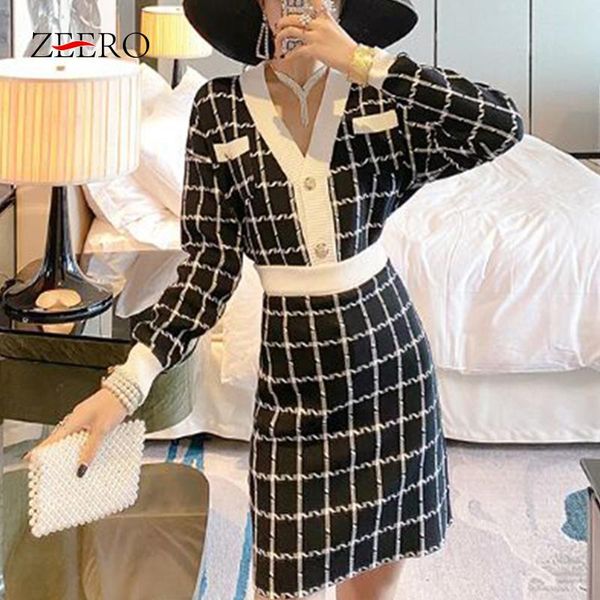 

2020 autumn winter women knit v neck plaid cardigans sweater + high waist mini skirts suit 2 piece sets girl knitted sets, Gray