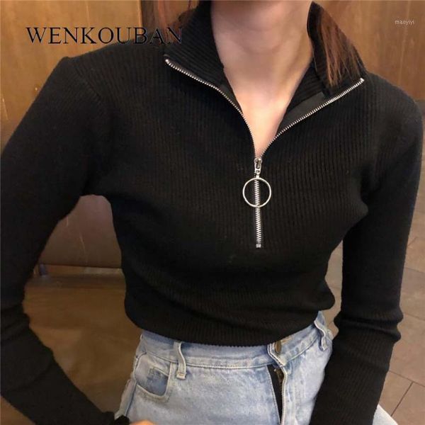 

casual zipper sweater women turtleneck elastic knitted long sleeve black pullovers spring female jumper soft plus size feminino1, White;black