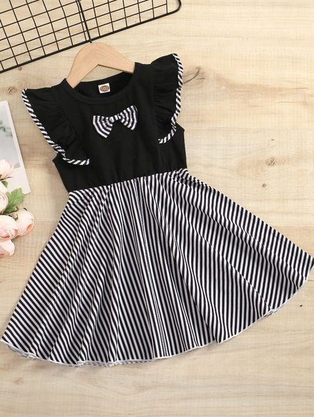 

toddler girls striped print ruffle trim bow front dress she, Red;yellow