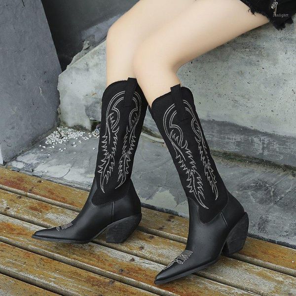

boots vintage pu leather western cowboy women autumn winter slip on pointed toe knee high woman heels shoes1, Black