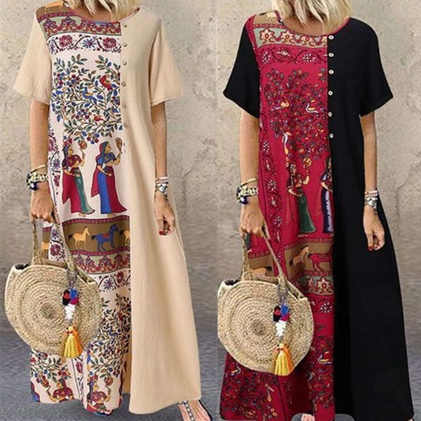 

2020 new cotton print contrast color block round neck dress for women, Black;gray