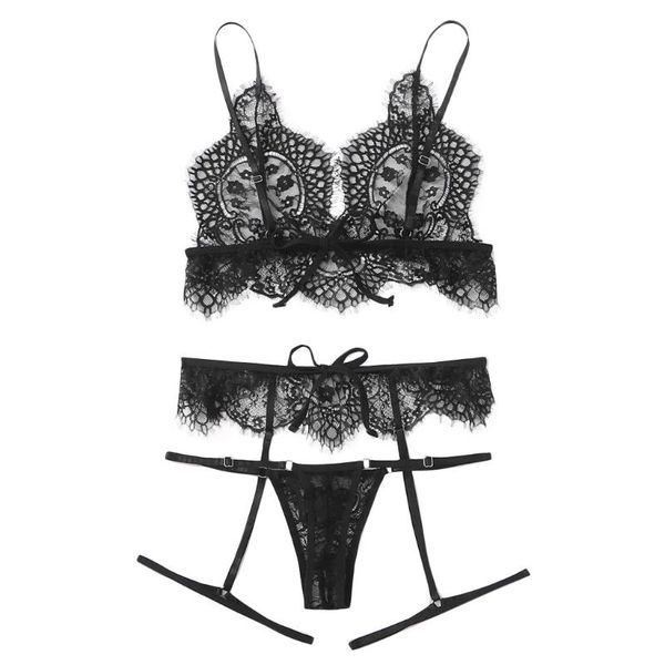 

women lace garter lingerie push up bra underwear garter 3 pieces sets underwire lingerie g-string thong sleepwear a50, Red;black