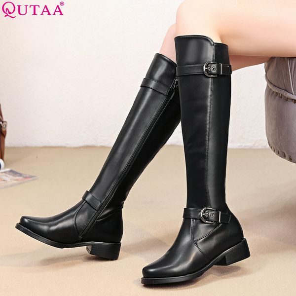 

qutaa 2020 women knee high boots platform zipper winter boots women shoes short plush pu leather elegant women boots size 34-43 t200425, Black