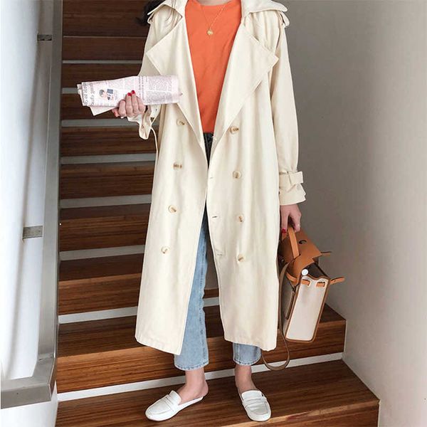 

women's trench autumn adjustable waist casual solid color windbreaker long sleeve double breasted coat female outwear, Tan;black