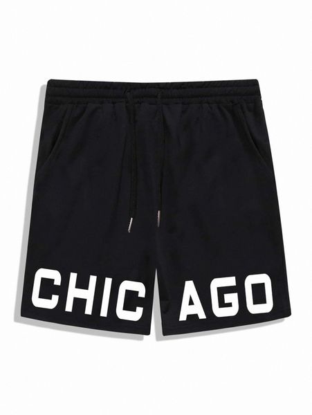 

romwe guys letter graphic drawstring shorts t7qs#, Black