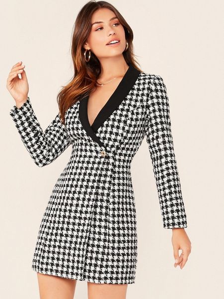 

shawl collar wrap button front plaid blazer tweed dress r06y#, White;black