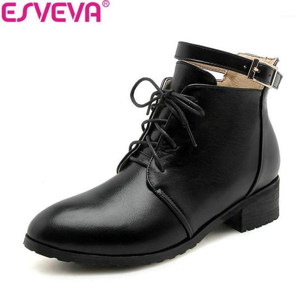 

boots esveva 2021 women buckle pu leather shoes ankle elegant square high heels round toe woman lace up size 34-431, Black