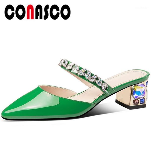 

dress shoes conasco fashion elegant concise women sandals summer mules crystal thick heels slippers genuine leather casual woman1, Black