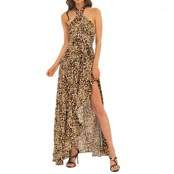 

fashion lady leopard tied waist dress beach split quality dress cross-hanging neck halter long women vestido jupe *1, Black;gray