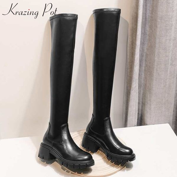 

krazing pot simple style popular cow leathe stretch boots round toe high heels winter women keep warm solid thigh high boots l10 201009, Black