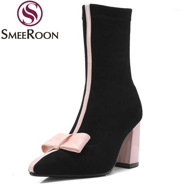 

boots smeeroon ankle woman butterfly knot pointed toe winter sweet convenient bowknot women's shoes high thick heels1, Black