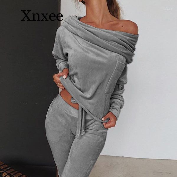 

winter warm soft velvet tracksuits women's sets slash neck slim long pants autumn casual two piece sets white slash neck1, Gray