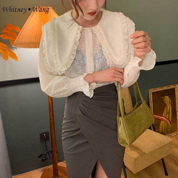 

whitney wang blouses fashion streetwear vintage style big peter pan collar blouse women blusas office lady shirt top, White