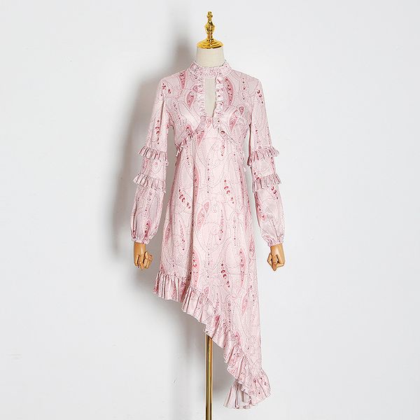 

spring 2020 australian fashion brand fashion stand collar bubble sleeve printed lace cutout irregular ruffle dress for women, White;black